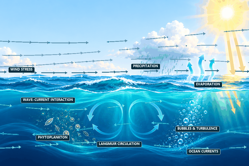 Animated air–sea interaction showing monsoon winds, ocean waves and currents, precipitation, and heat exchange